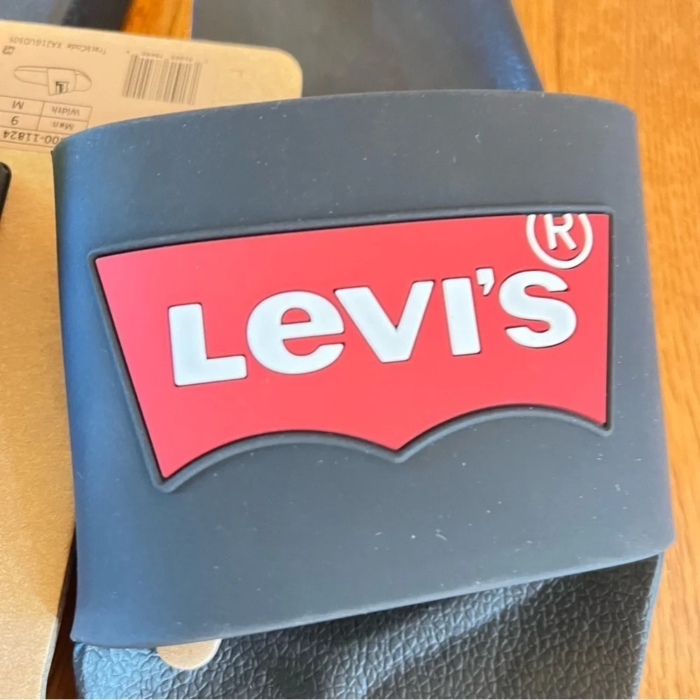 LEVIS Mens Batwing Slide 2 Black & Red Synthetic Upper Slippers Logo Size: 11,12